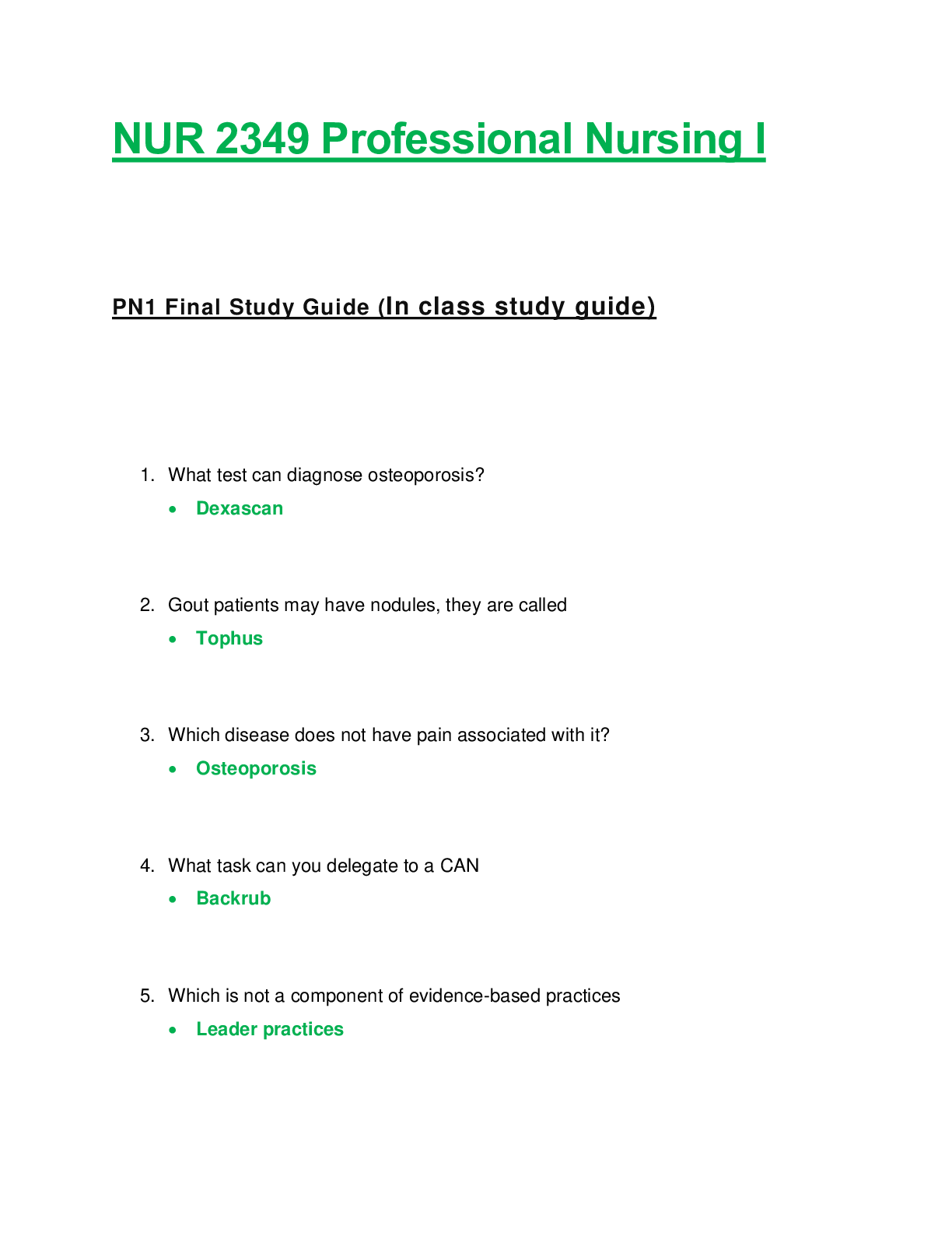 Preview of NUR 2349 / NUR2349: Professional Nursing I / PN 1 Final Exam Study Guide (Latest Update) Rasmussen